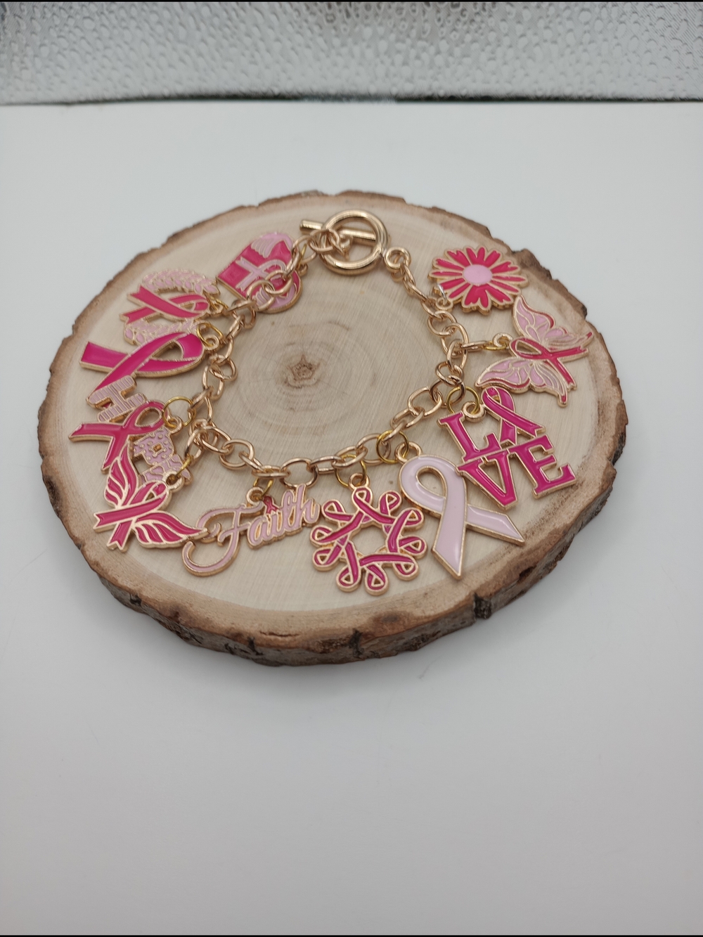 Gold Pink Breast Cancer Awareness Charm Bracelet